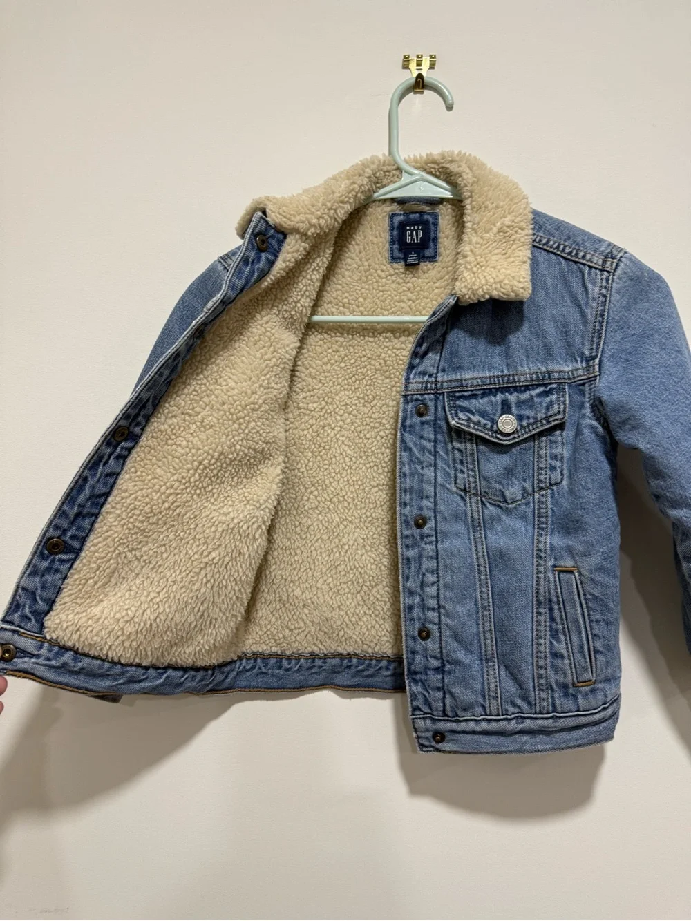 GAP Kids Light Blue Denim Jacket with Cream Sherpa Collar